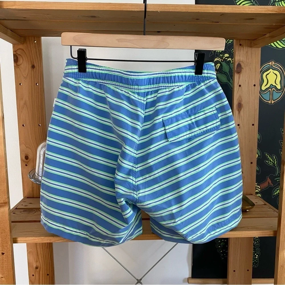 Onia Blue Green White Stripe The Calder Swim Shorts Trunks Small